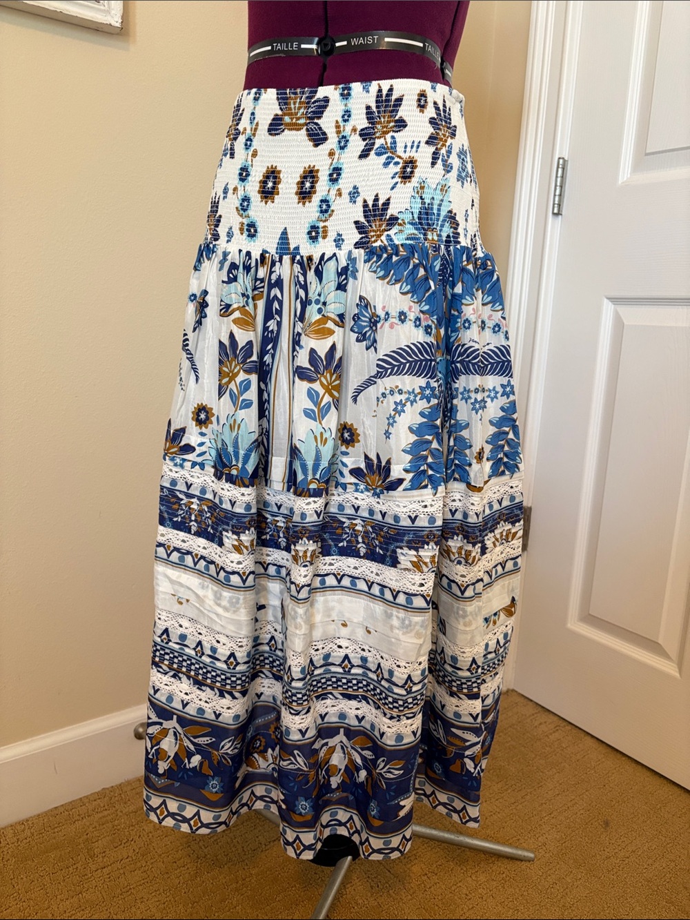 FARM Rio White Midi Skirt with Blue & Gold Floral Border